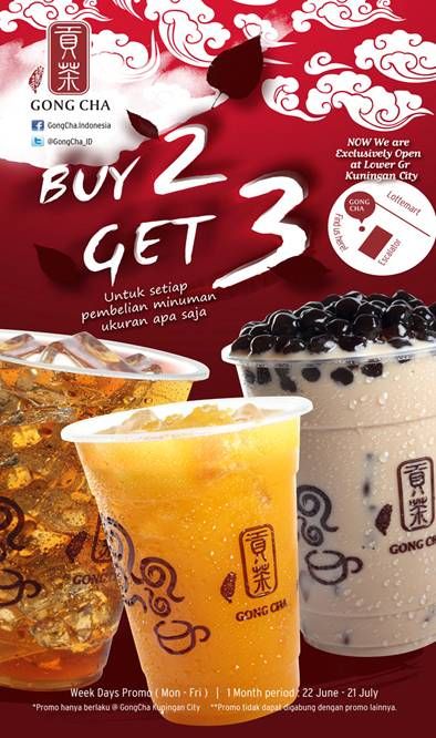 an advertisement with two cups of coffee and one cup of tea on the side, in front of a red background that says buy 2 get 3