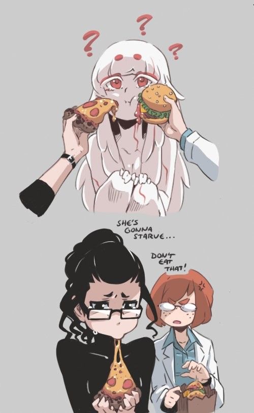 two anime characters eating food and one is holding a hamburger in her hand, while the other