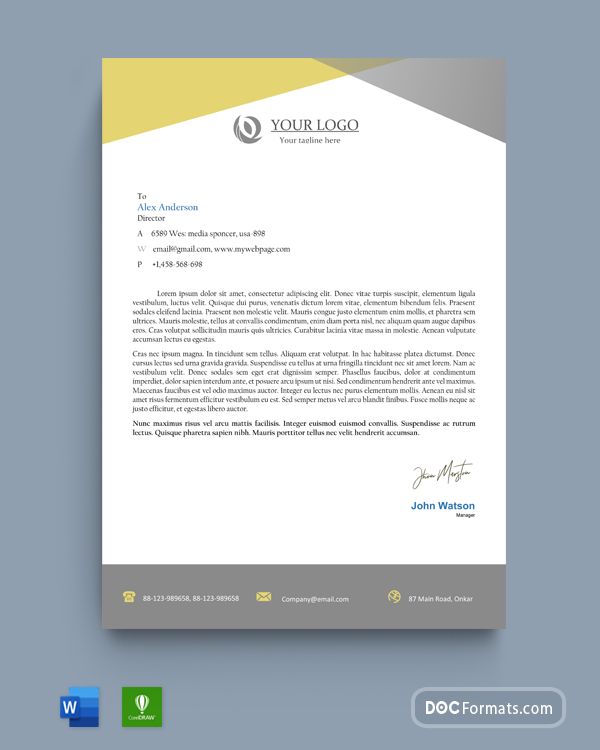 a letterhead with a yellow and gray design on the front, and an image of a