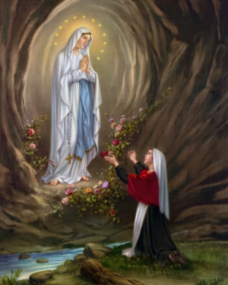 an image of jesus and mary in the woods with roses on the ground next to it