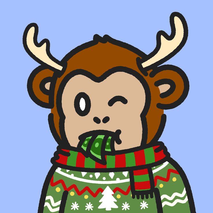 a monkey wearing a christmas sweater with antlers on it's head and scarf around its neck