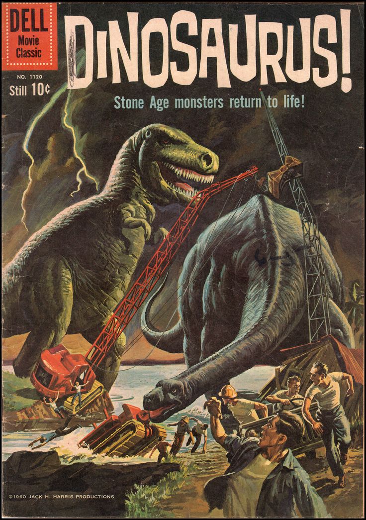 an old book with dinosaurs on the cover and people standing around it in front of them