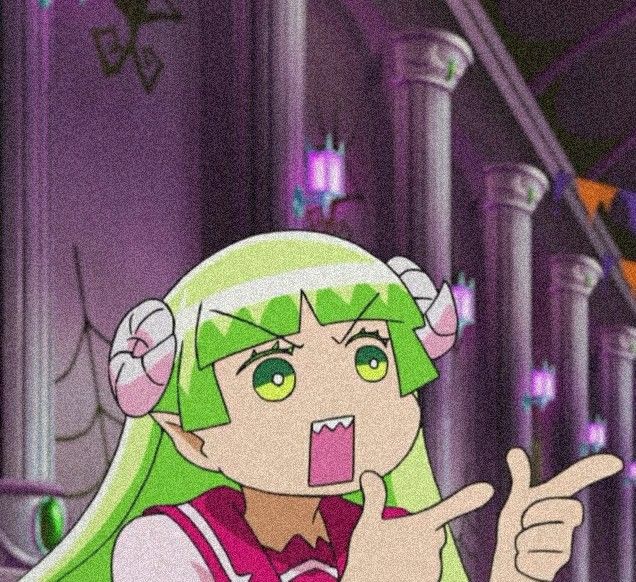 an anime character with green hair pointing to the side and giving a thumbs up sign