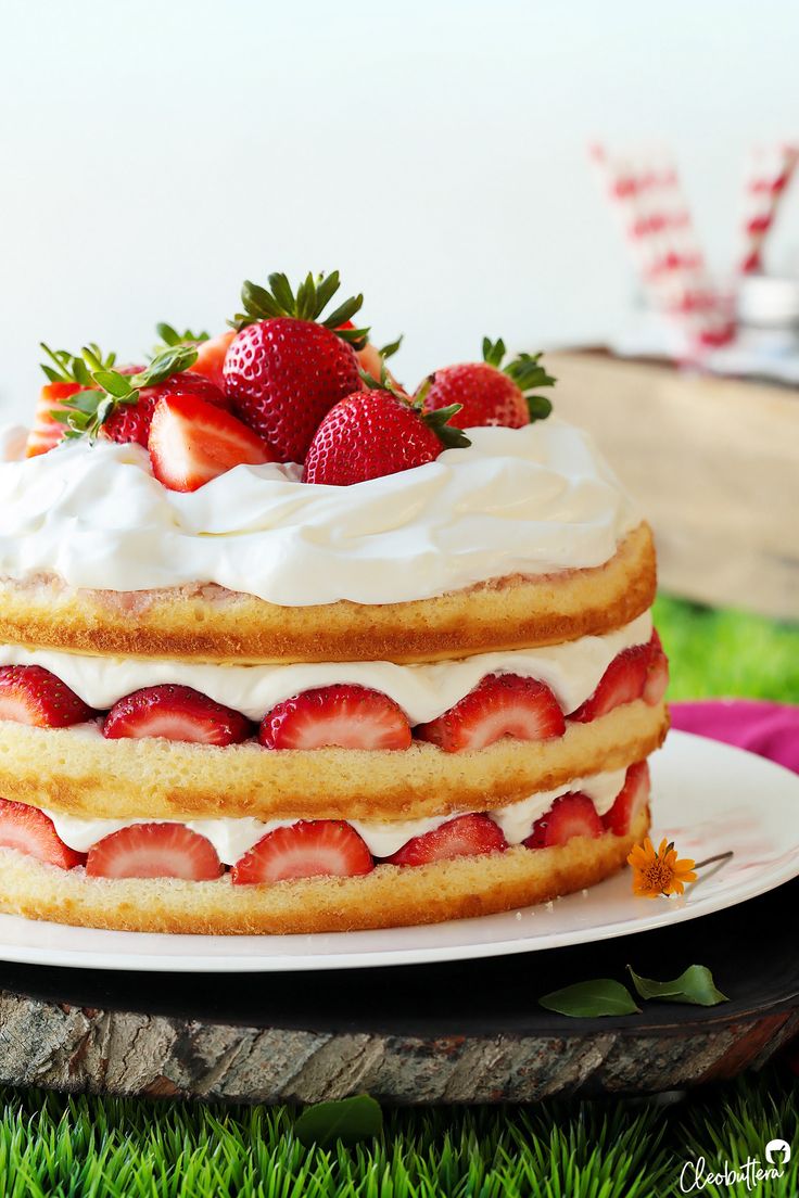 a cake with strawberries and whipped cream on top is sitting on a plate in the grass