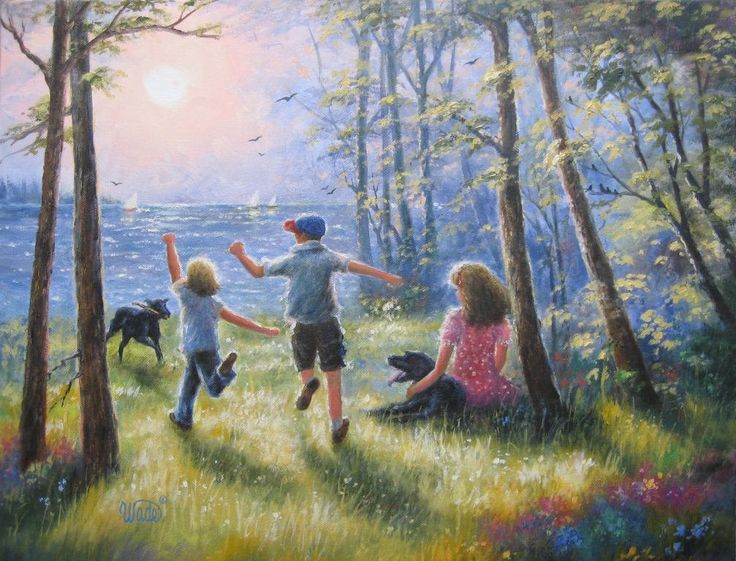 a painting of three children playing in the woods with their dog, and another child running behind them