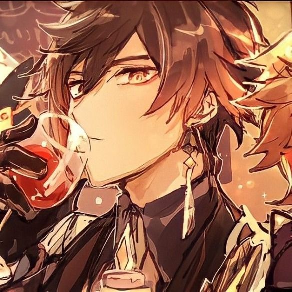 an anime character with black hair and brown eyes drinking from a glass in his hand