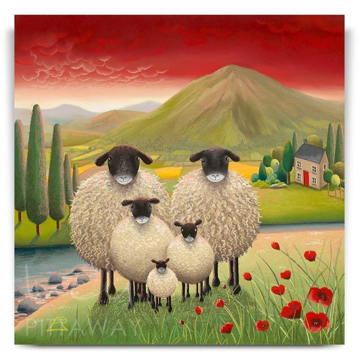 three sheep are standing in the grass near a river with poppies and mountains behind them