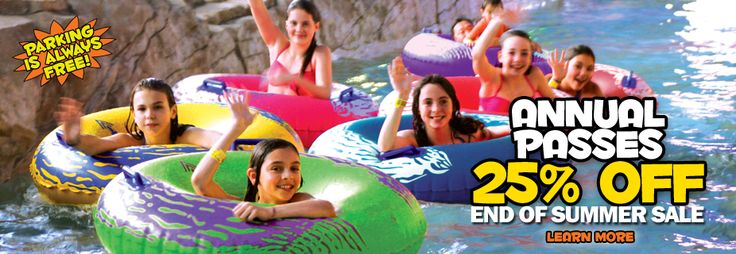 an advertisement for the annual passes is shown above two girls on inflatable rafts