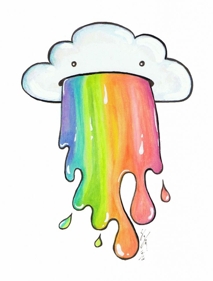 a drawing of a cloud with rainbow paint dripping down it's side and the word,