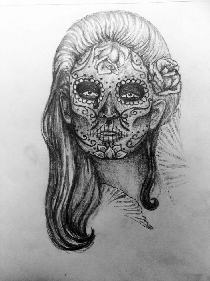 a drawing of a woman with sugar skulls on her face and hair in the shape of a skull