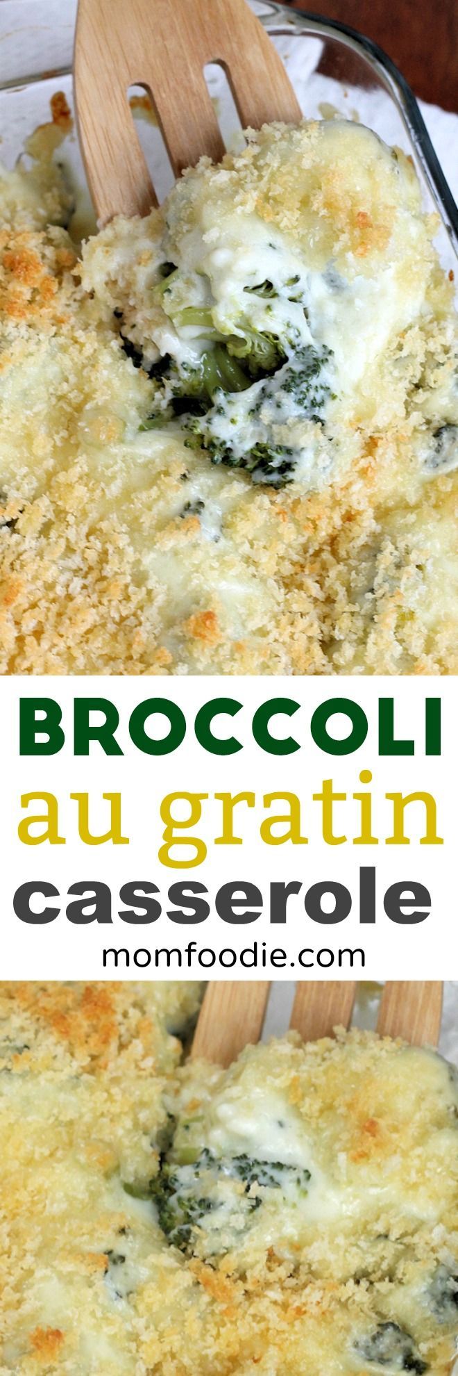 broccoli and cheese casserole in a glass dish with wooden spoons