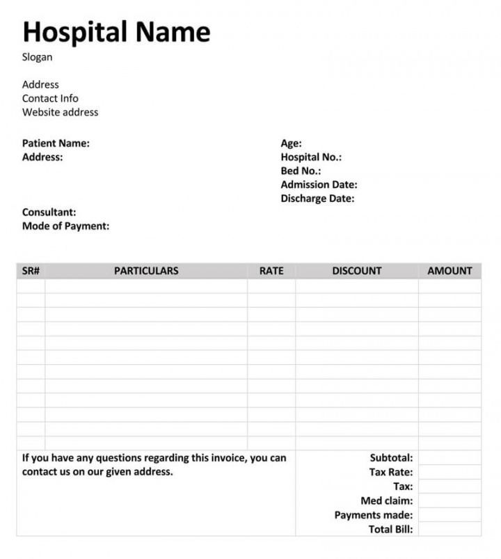 an invoice form for hospital bills is shown with the name and date on it