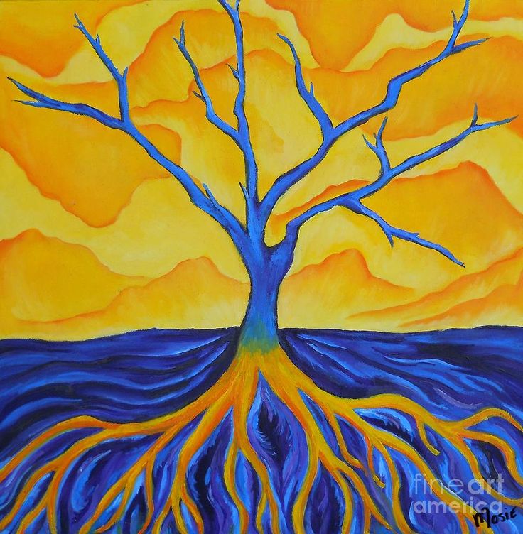 a painting of a tree with its roots in the water and an orange sky behind it