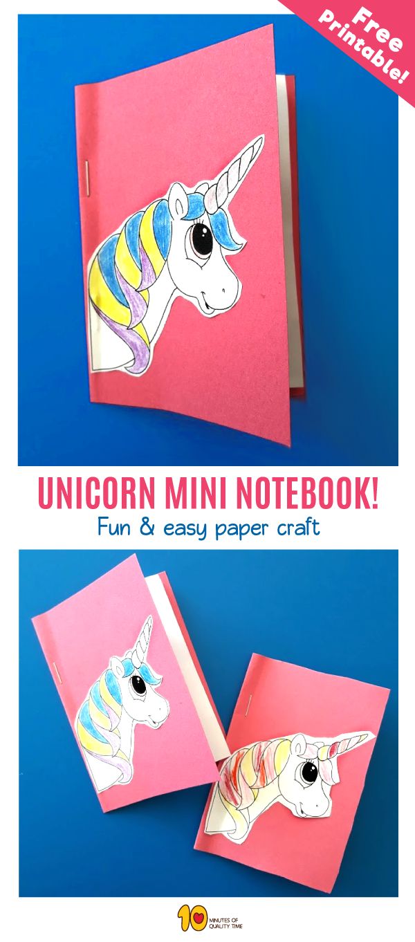 two unicorn notebooks with the text unicorn mini notebook fun and easy paper craft