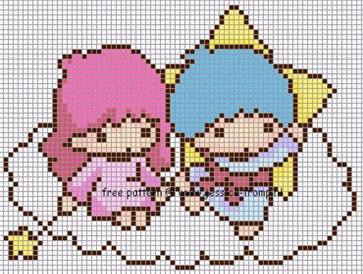 two cartoon characters are hugging each other on a cross stitch pattern, with the background in shades