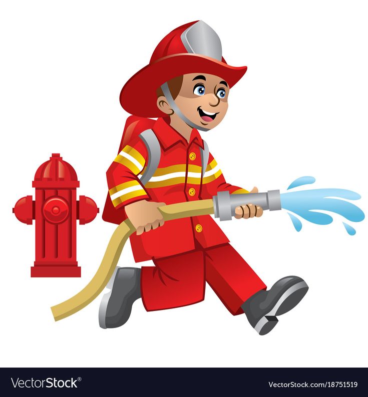 a cartoon fireman running with a hose