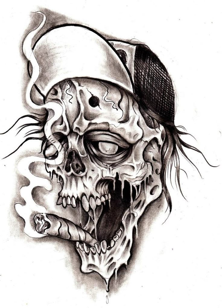 a drawing of a skull wearing a hat