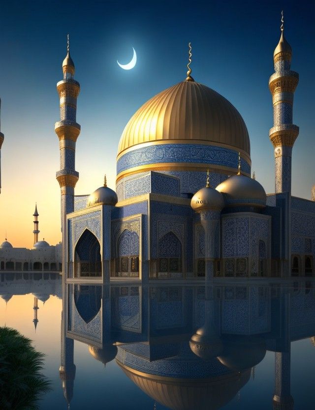 an artistic view of a mosque with the moon in the sky and water reflecting on the ground