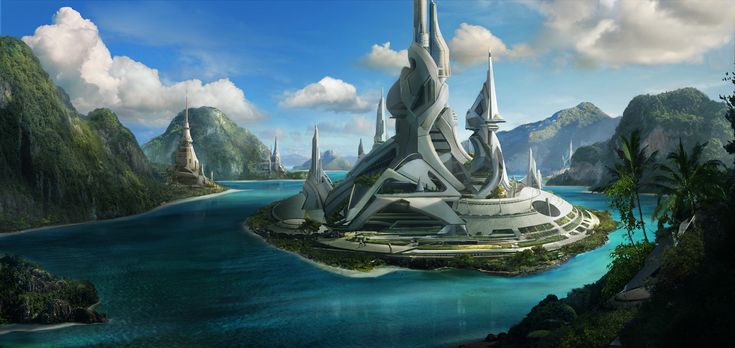 an artist's rendering of a futuristic city in the middle of water surrounded by mountains