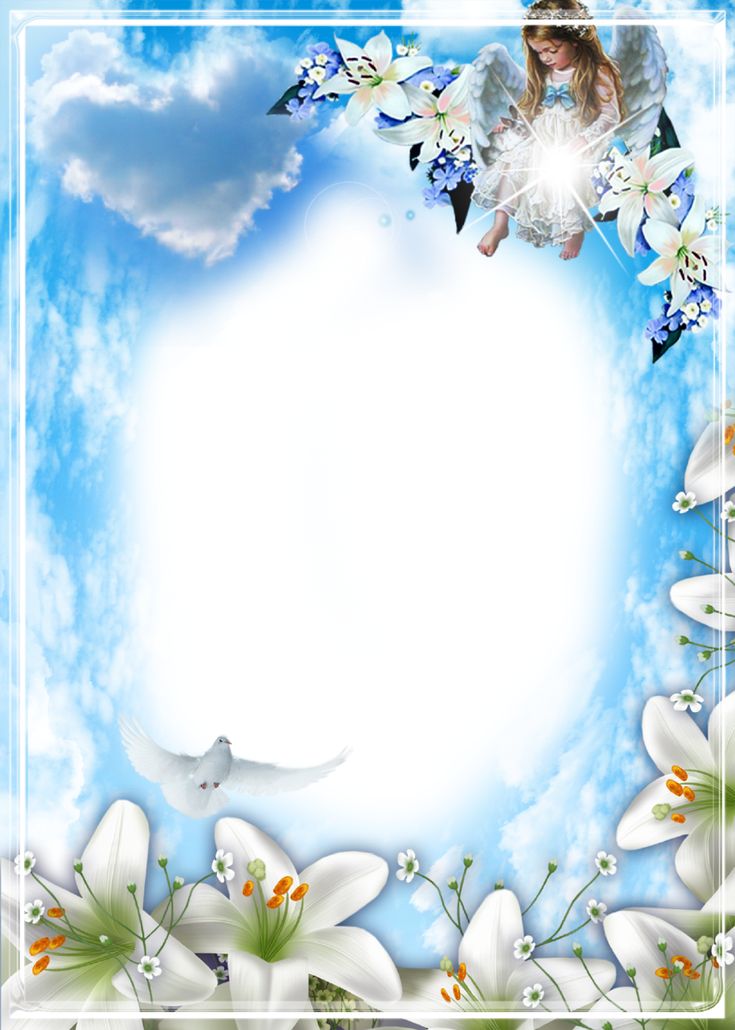 an artistic photo frame with white flowers and angel