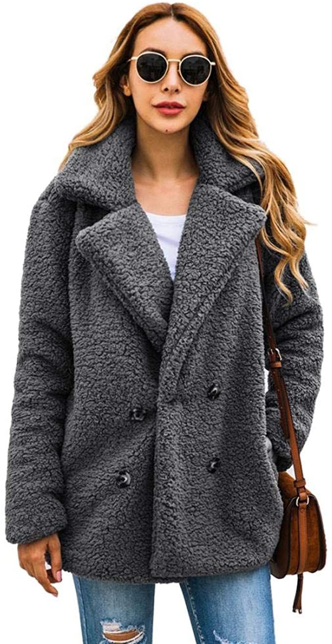 Women\'s Fleece Open Front Coat Sherpa Jacket Warm Winter Faux Fur Shearling Outwear with Pockets (Dark grey, L) at Amazon Women's Coats Shop Faux Coat, Long Faux Fur Coat, Summer Coats, Plush Coat, Suit Collar, Outwear Women, Outwear Jackets, Winter Clothing, Coat Design