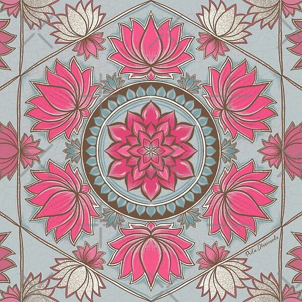 a pink and blue flower design on a light gray background with gold trimmings