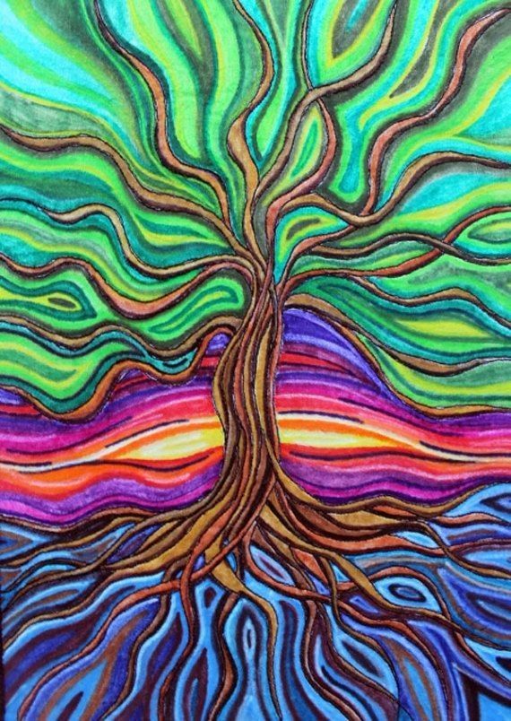 a painting of a tree with colorful lines on it