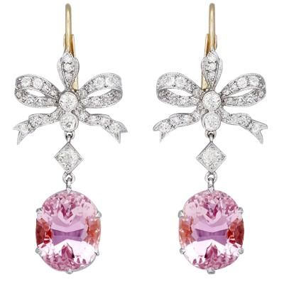 29.40 Ct Pink Kunzite With Diamonds Dangle Earrings Two Tone Gold Luxury Dangle Earrings With Stones, Luxury Pink Earrings With Brilliant Cut, Luxury Pink Diamond Earrings With Accents, Luxury Oval Pink Earrings, Luxury Pink Oval Earrings, Luxury Pink Earrings For Wedding, Pink Diamond Earrings With Diamond Accents For Wedding, Pink Diamond Earrings With Accents For Wedding, Pink Diamond Earrings For A Gift