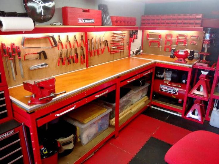 a workbench with many tools on it