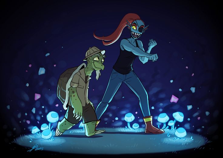 two cartoon characters are walking in the dark with blue lights behind them and one is holding a backpack