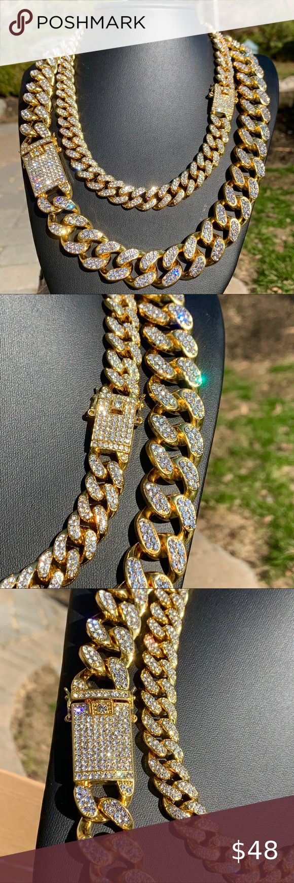 Iced Cuban Link Chain Set Gold 14mm/19mm ⭐️All orders ship within 24 hours⭐️  This is for BOTH Chains -14mm Cuban -19mm Cuban  ◆14k Gold 5x plated ◆Heavy and solid chains. VERY shiny💎  ◆Stone: VVS Simulated Lab Diamonds ◆FREE luxury jewelry box or bag ◆Amazing Quality✅ ◆Over 1,000 sold!  (Tags: Tennis Chain Tennis Bracelet Cuban Chain Cuban Bracelet Rope Chain Figaro Chain Watch Rope Bracelet Box Chain & Earrings) Accessories Jewelry Chain Set Gold, Bracelet Rope, Chain Watch, Luxury Jewelry Box, Cuban Bracelet, Bracelet Box, Tennis Chain, Diamond Free, Earrings Accessories