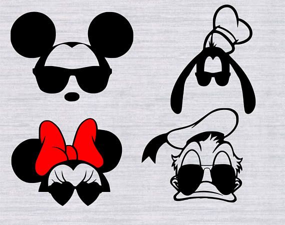 three mickey mouse heads with sunglasses and a bow on their head, one wearing a hat