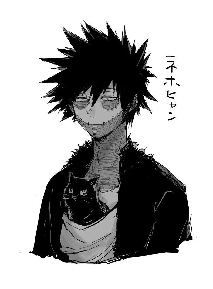 an anime character with black hair and a cat in his lap, looking at the camera