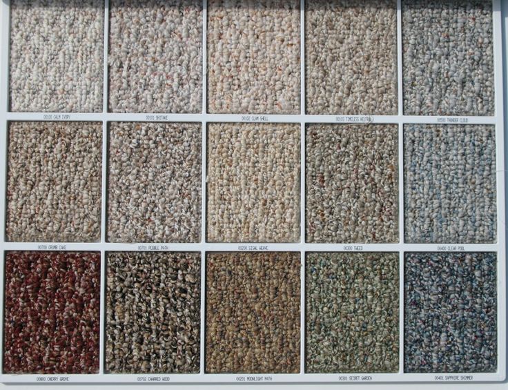 carpet samples in various colors and sizes are arranged on a white background with the words