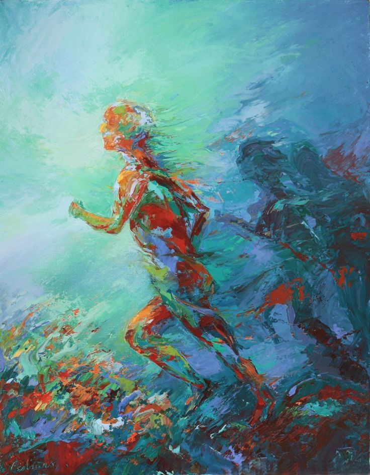 a painting of a person running in the water with blue and red colors on it