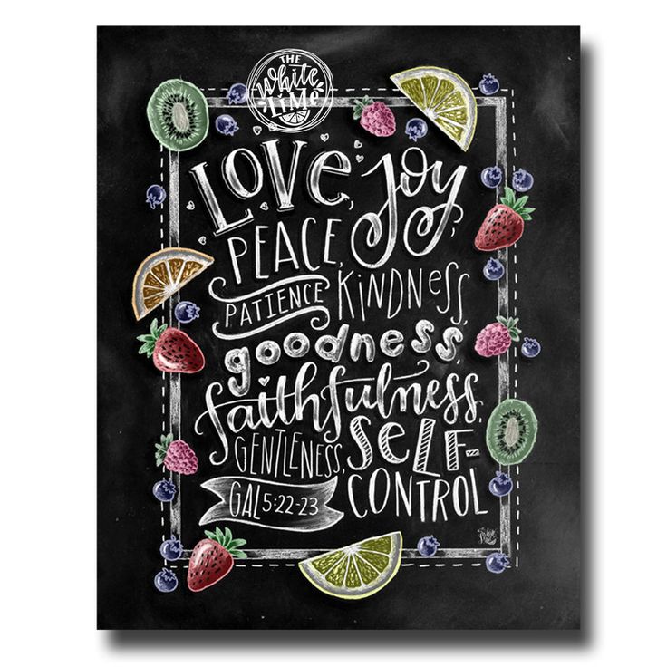 a chalkboard with fruit and the words love joy, peace, wings, godness,