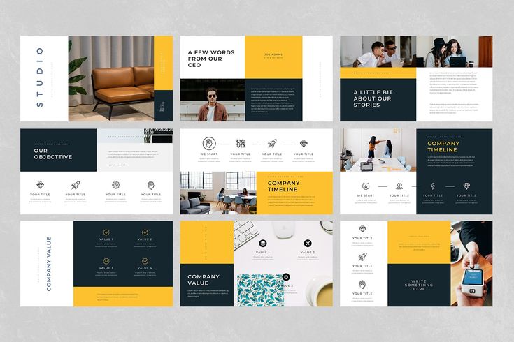 the yellow and black presentation template is displayed on a gray background with several different images