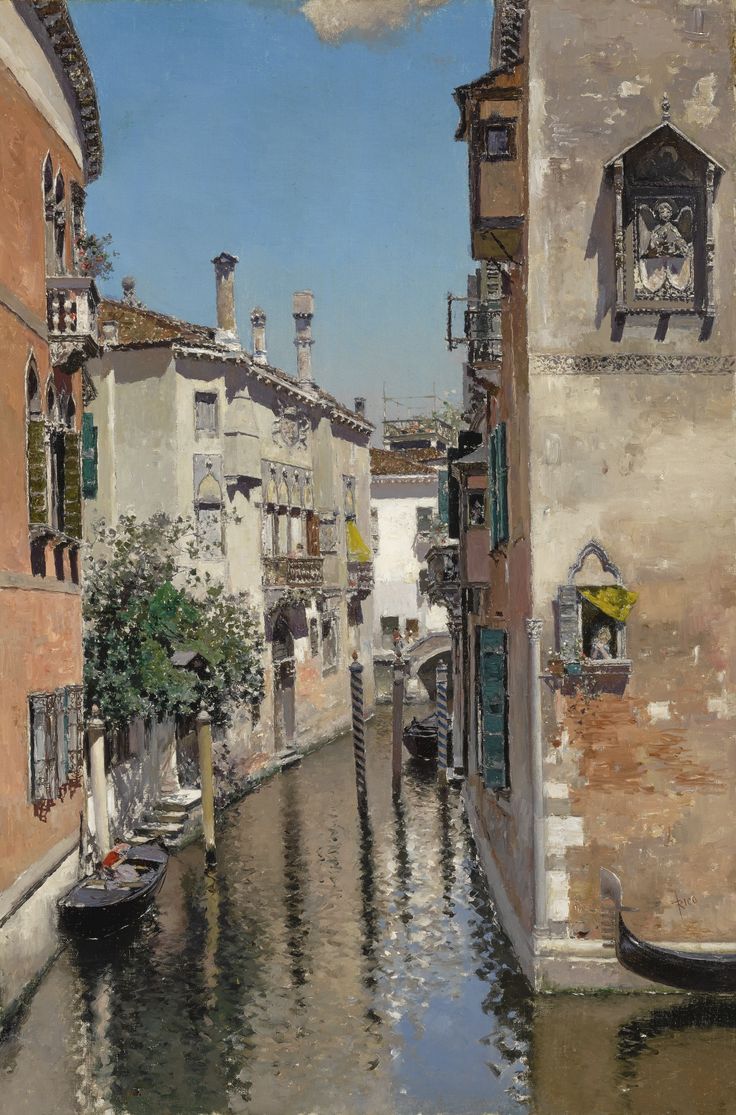 an oil painting of a canal with buildings and boats in the water next to each other