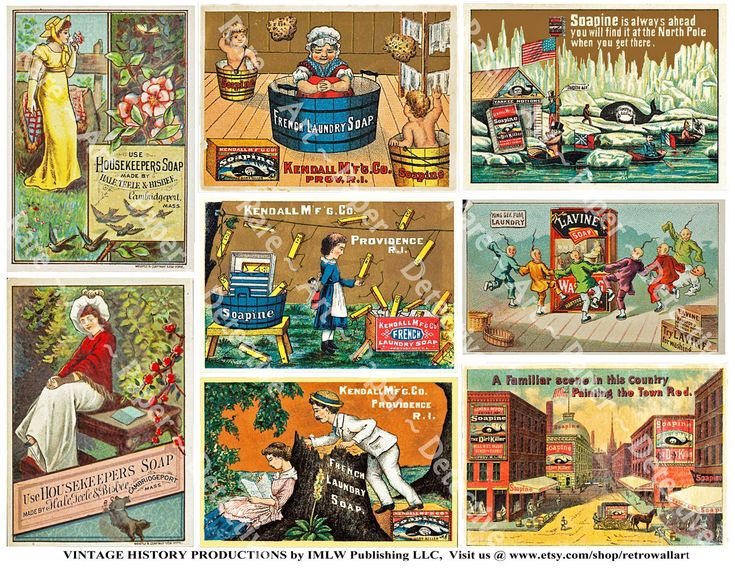 four vintage postcards depicting various scenes from the past