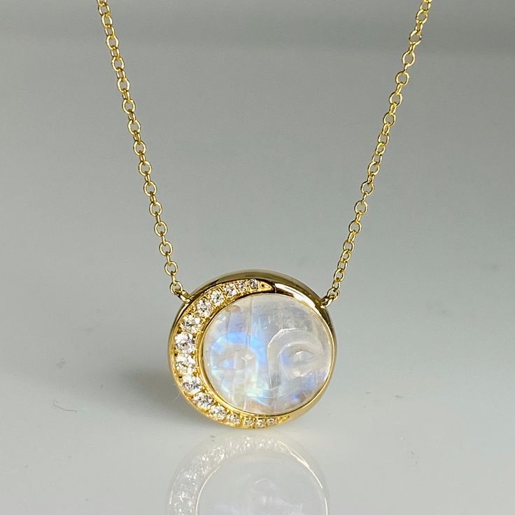 Rainbow Moonstone & Diamond Moon Face Necklace - Moondance Jewelry Gallery Jewelry Gallery, Face Necklace, Mom Ring, Crescent Shape, Moon Face, Moonstone Jewelry, Yellow Gold Chain, Moon Pendant, Rainbow Moonstone