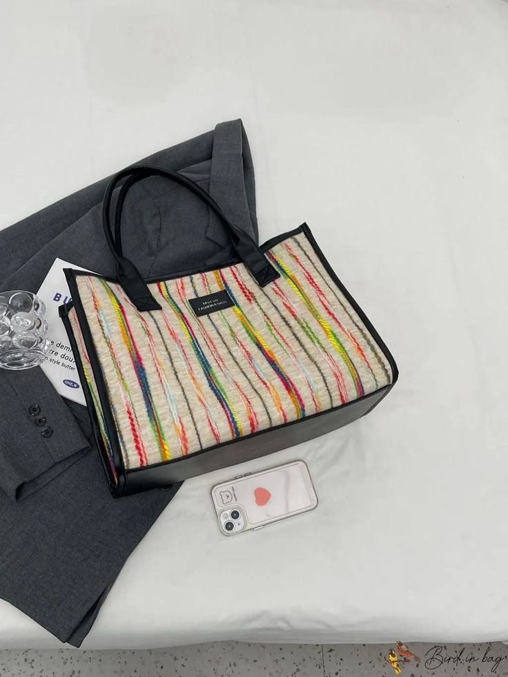 BirdinBag - Stylish Multicolor Oversized Tote Bag with Ample Space Color Block Tote, Oversized Tote Bag, Oversized Tote, Word Wrap, Shoulder Tote Bag, Rainbow Stripes, Casual Elegance, Shoulder Tote, Black Pattern