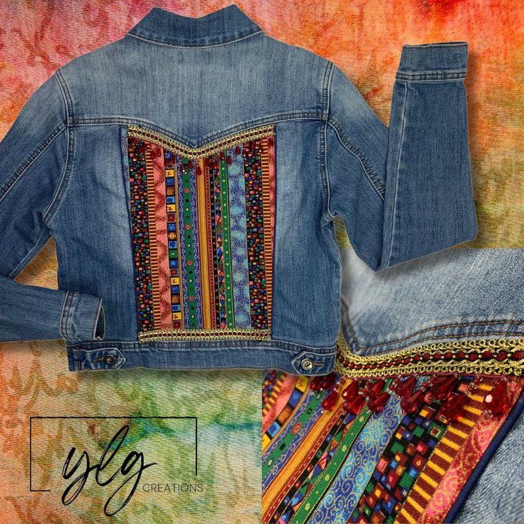 Step into a world of vibrant bohemian style with this enchanting ChiOle small jean jacket. We've transformed classic denim into a wearable tapestry of color and texture. This isn't just a jacket - it's a wearable piece of art that brings joy and color to your wardrobe. Embrace your inner free spirit and let this bohemian masterpiece become the star of your closet! Size Tag: Women's Small** Embellished with multicolor multi-print fabric; Red beading; Gold trimming Medium wash blue denim Long sleeves with button cuffs, about 25" Metal buttons; Pockets Straight hem, about 15" across bottom About 17" across arm pit to arm pit About 19" long, top of shoulder/collar to bottom hem 67.3% cotton | 31.6 polyester | 1.1% spandex Hand washable, line dry Brand: ChiOle Denim Architect Note: As each jack Boho Jean Jacket, Embellished Denim Jacket, Boho Jeans, Fabric Red, Embellished Denim, Brings Joy, Closet Size, Vintage Denim Jacket, Boho Women