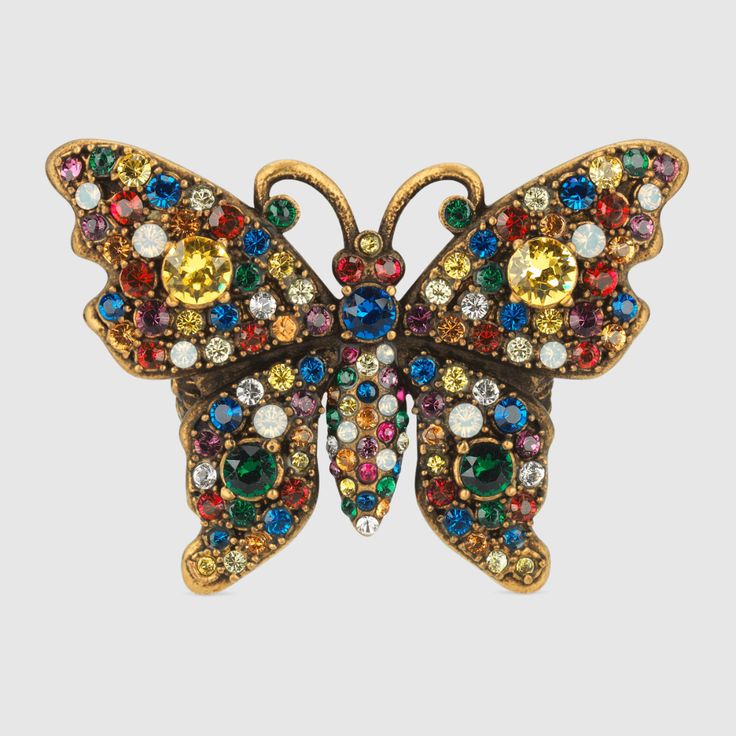 Aged Gold Finish Crystal Studded Butterfly Ring In Metal | GUCCI® US Jewelry Butterfly, Fall Rings, Gucci Gifts, Costume Rings, Womens Rings Fashion, Gucci Jewelry, Head Ring, Metal Fashion, Butterfly Ring