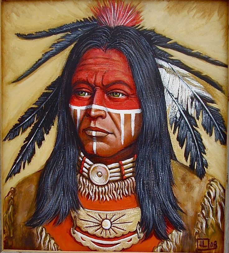 a painting of a native american man with feathers on his head and eyes painted in red, white and black