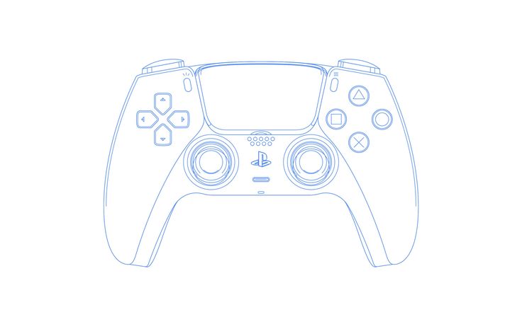 a blue line drawing of a video game controller