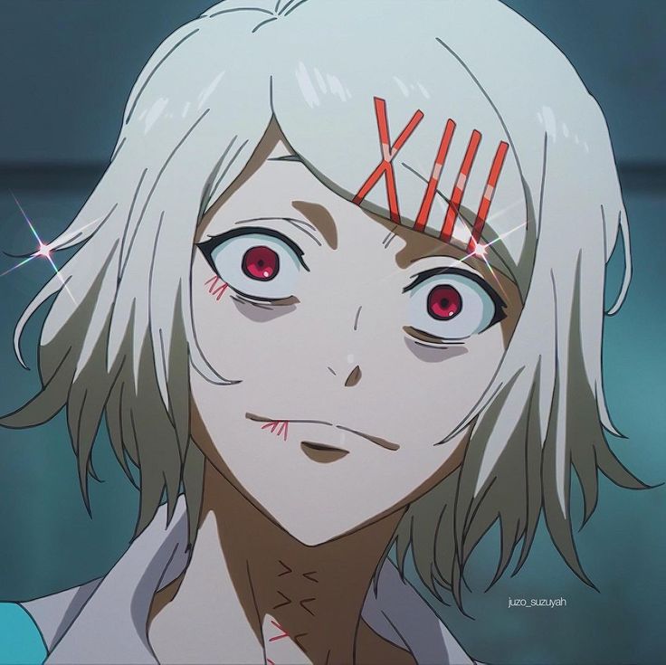 an anime character with white hair and red eyes looks at the camera while staring into the distance