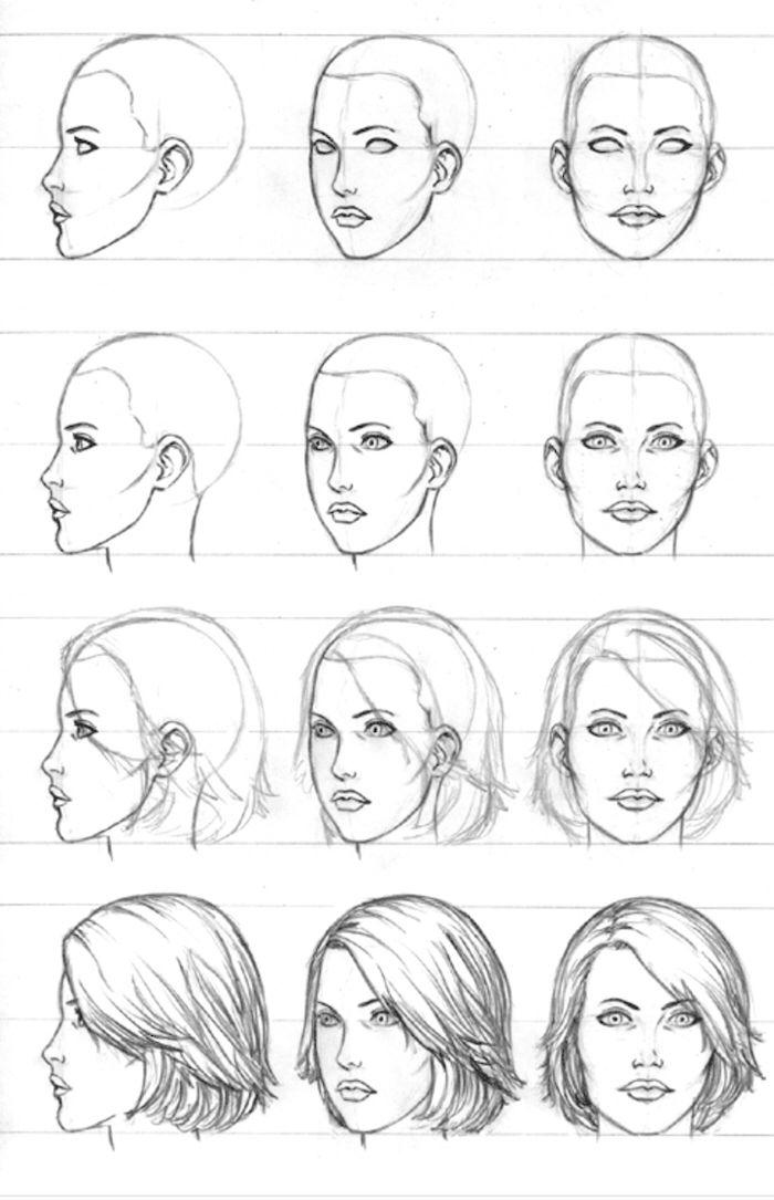 woman-drawing-sketches-step-by-step-front-profile-short-hair | Female ...