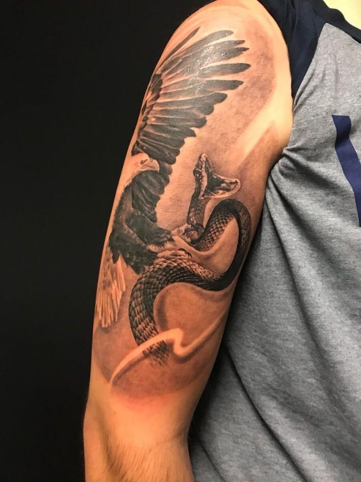 a man's arm with an eagle and snake tattoo on it