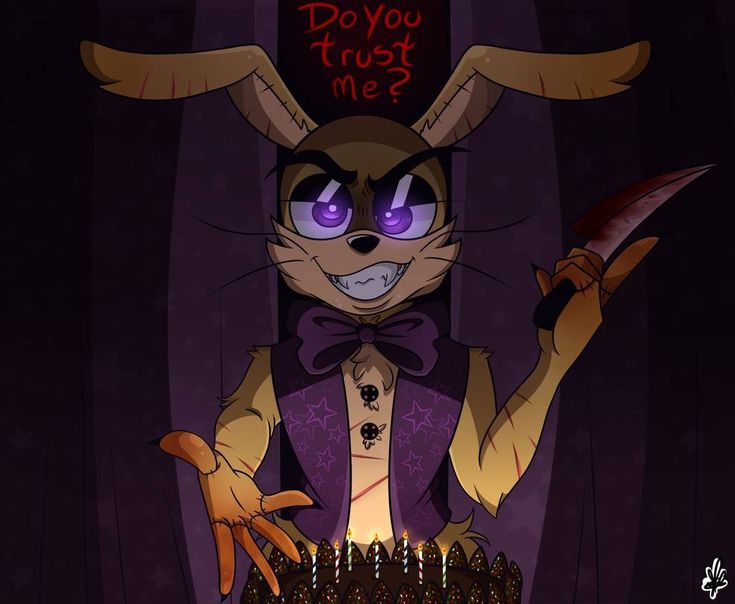 a cartoon rabbit holding a knife in front of a cake that says do you trust me?