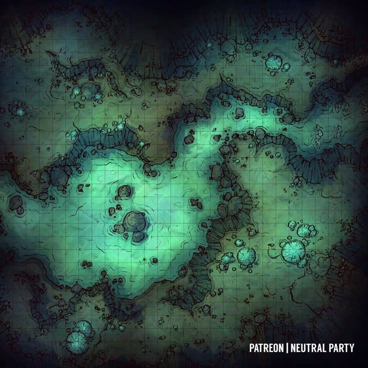 a map with lots of green water and rocks on it, in the middle of a dark